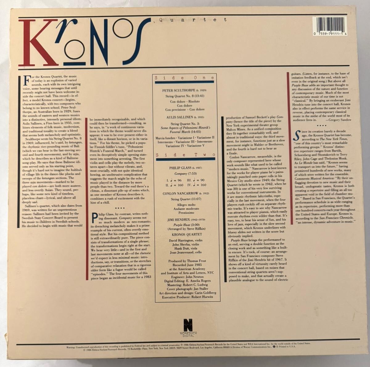 KRONOS QUARTET – KRONOS QUARTET – VINYL LP 1986 NONESUCH – VG+ – A9