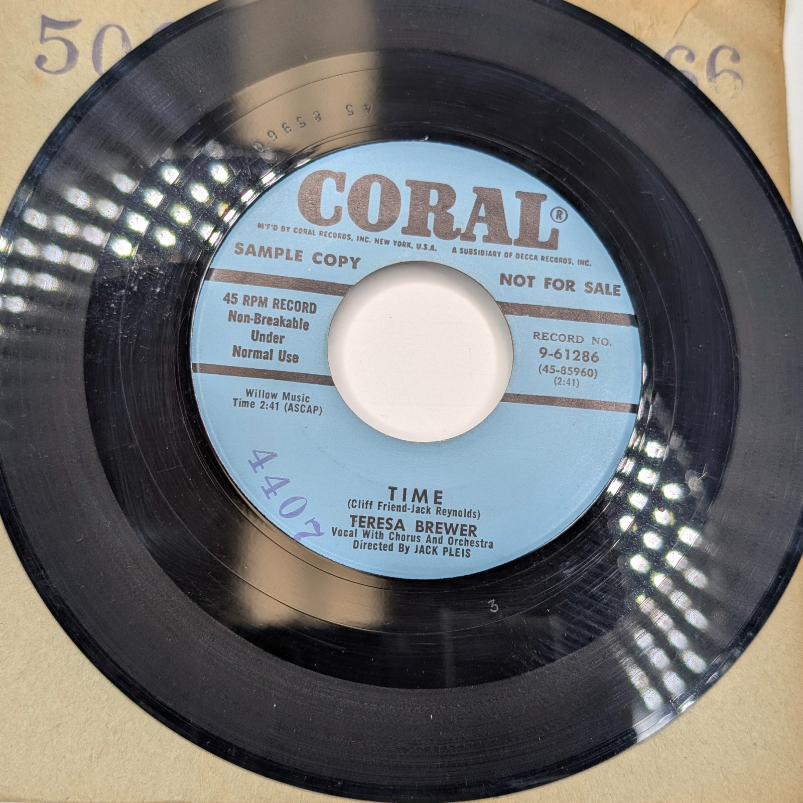 1954 Teresa Brewer Coral 45 RPM PROMO Time / My Sweetie Went Away Pop Vocal Jazz
