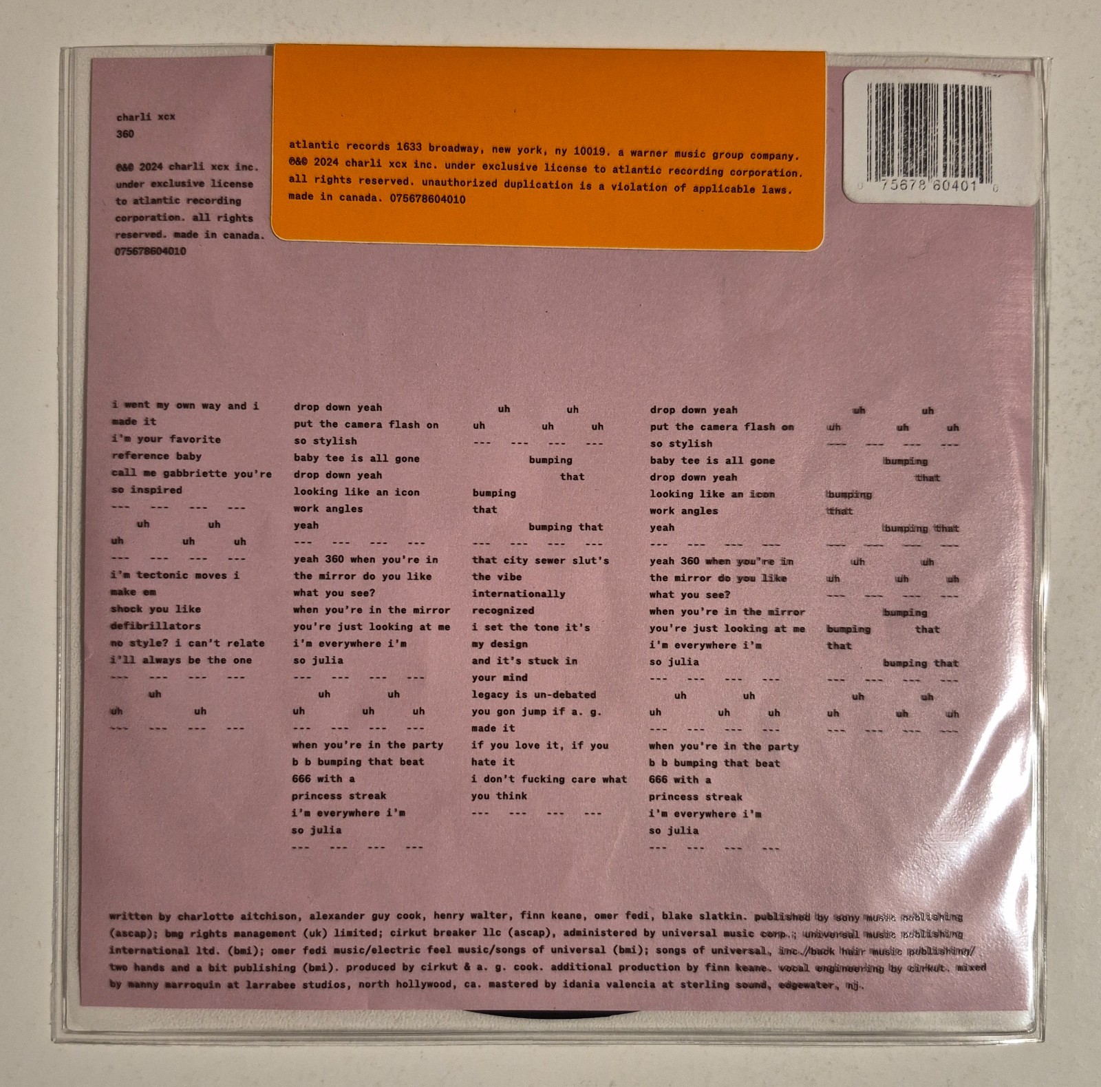 Charli XCX “360” 7″ Vinyl Single (2024 Atlantic Records) NEW Spotify Fan First