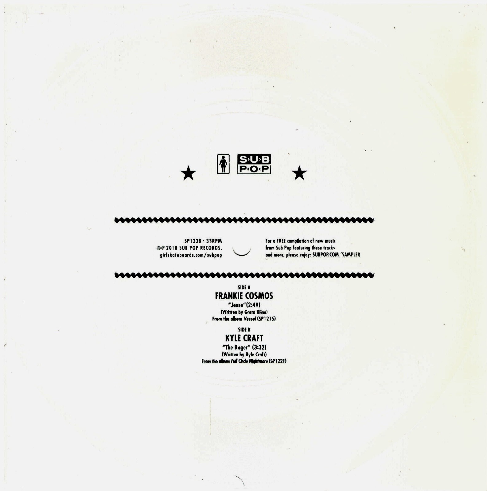 Frankie Cosmos – Jesse /Kyle Craft – The Rager 7″ Flexi Sub Pop Girl Skateboards