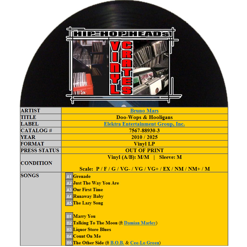 BRUNO MARS – DOO-WOPS & HOOLIGANS (NEON YELLOW VINYL LP) 2010 RARE 075678893032