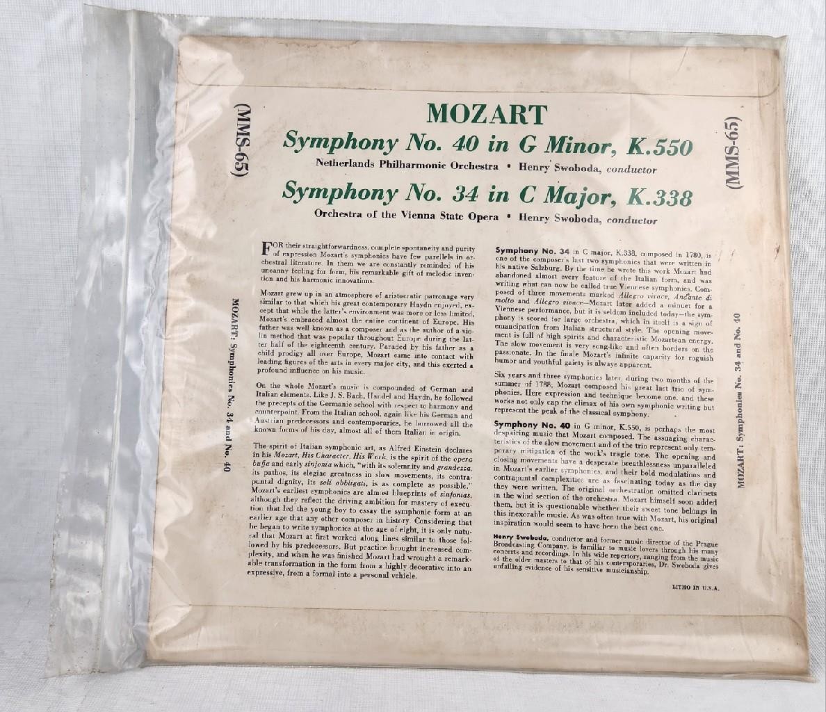 MMS-65 Mozart Symphony No. 40 G Minor K.550 & 34 C Major K.338 10″ Vinyl LP