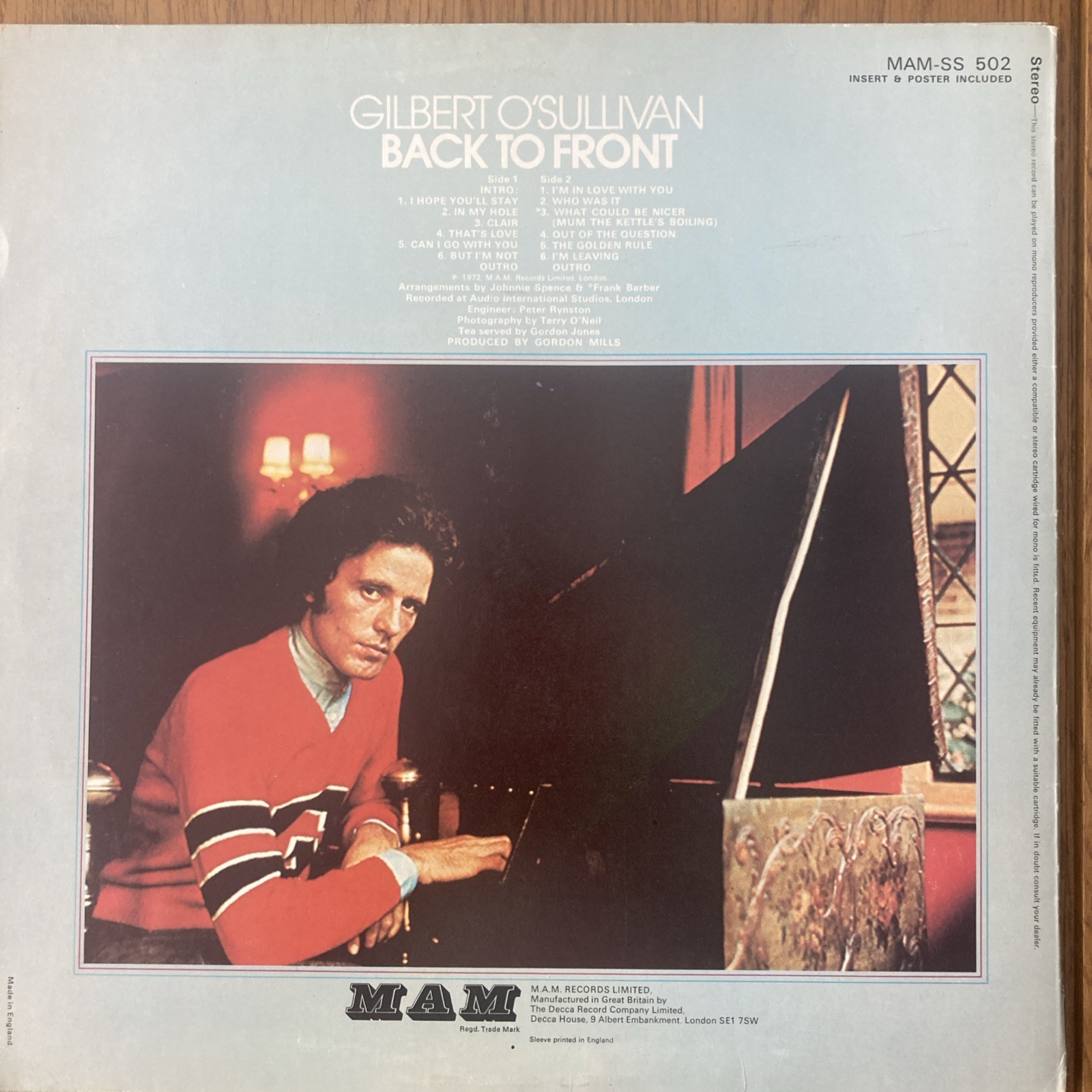 Gilbert O’Sullivan – Back To Front Vinyl LP (1972, MAM-SS 502, EX/VG+)
