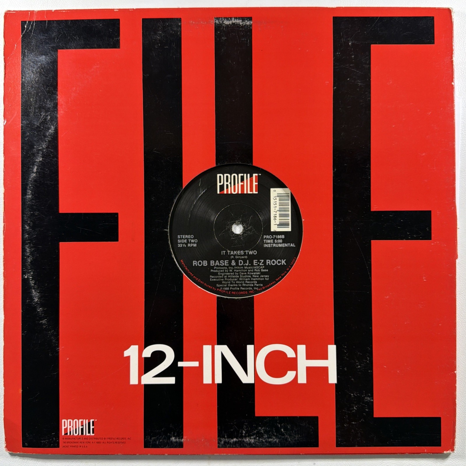 Rob Base & D.J. E-Z Rock – It Takes Two 12” Single Profile PRO-7186 VG+ 1988 Rap