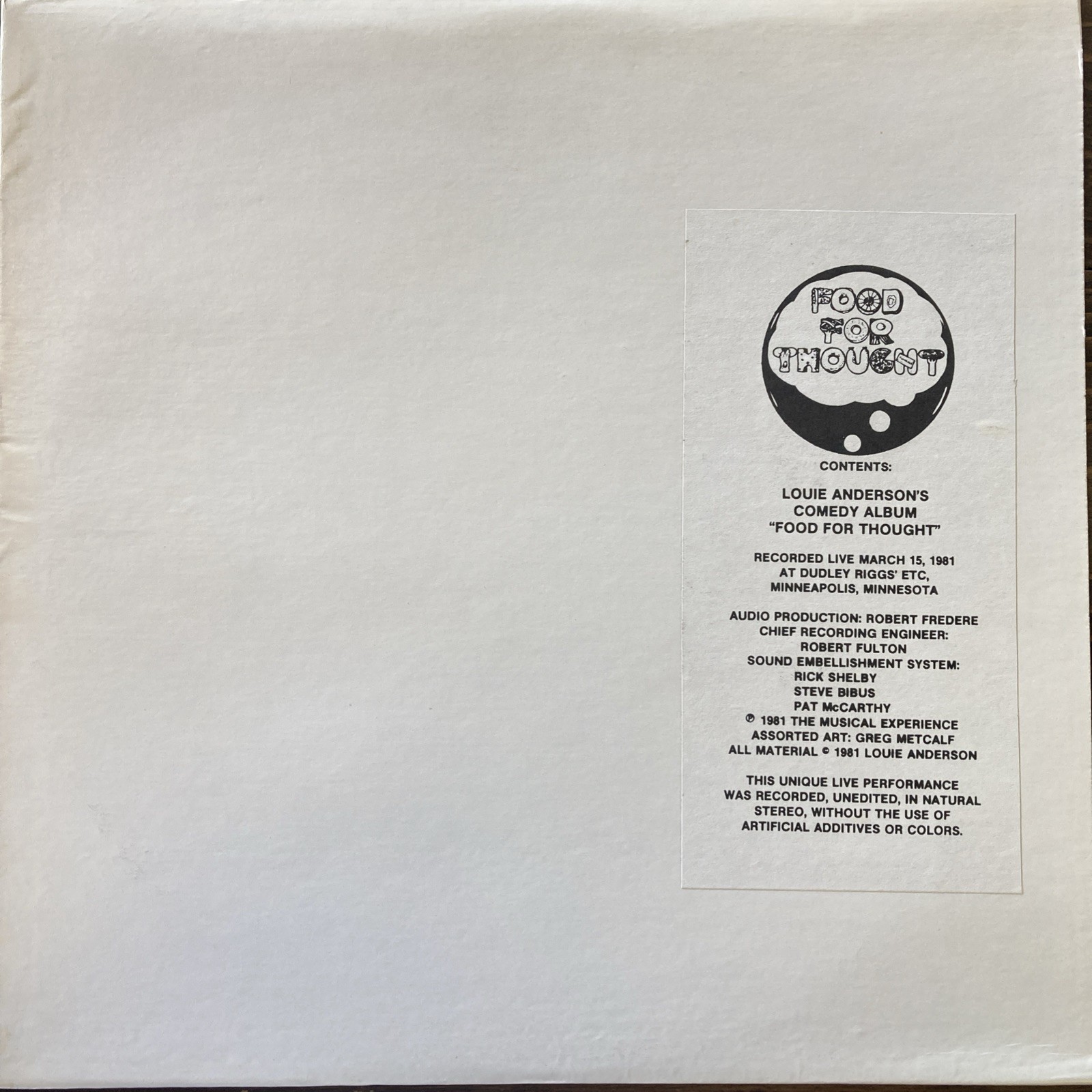 Louie Anderson Food For Thought Comedy Album Vinyl LP 1981 Recorded Live