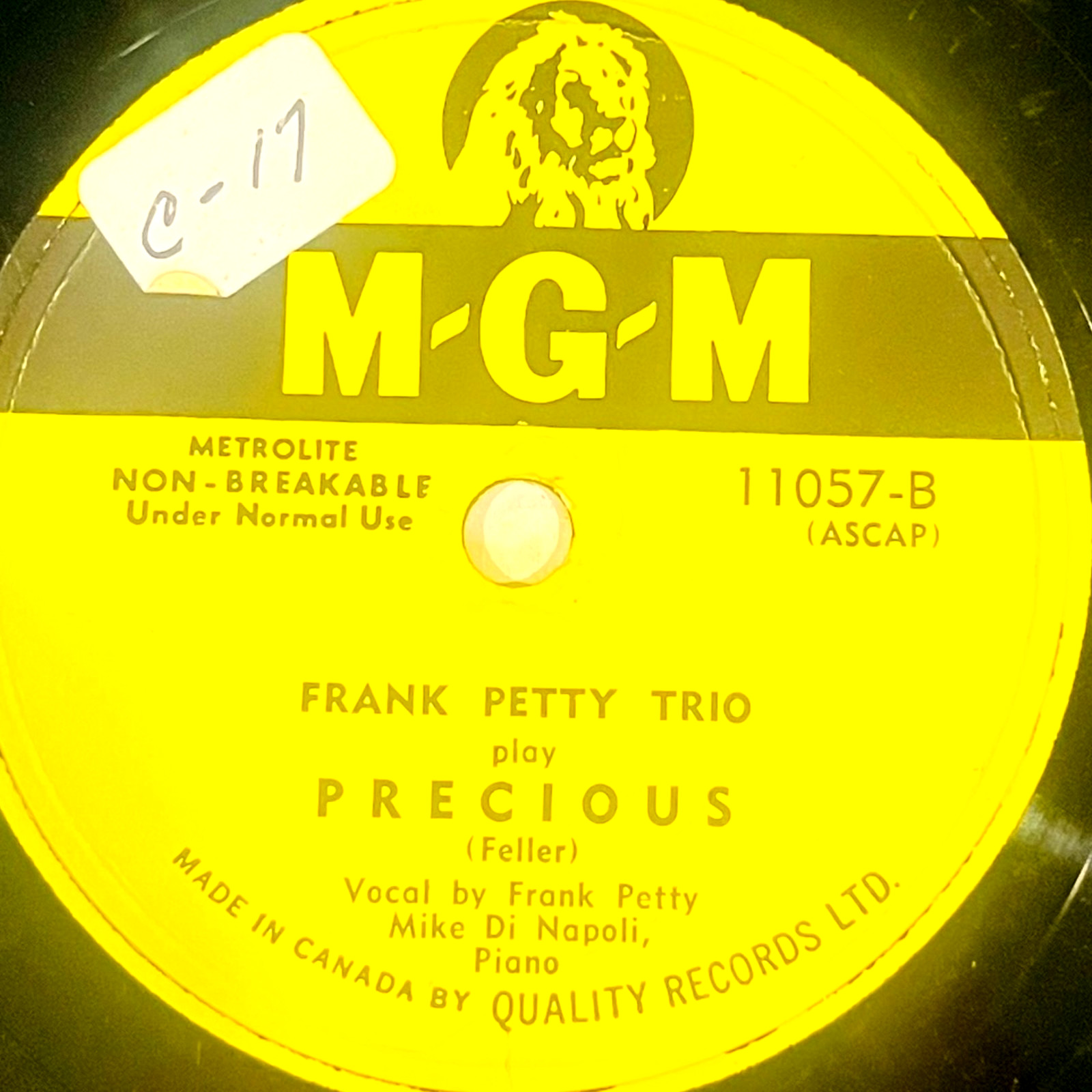 FRANK PETTY TRIO – Down Yonder / Precious – MGM Record 11057 – 10″ 78rpm