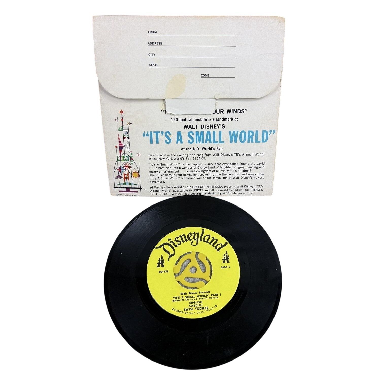 Vintage Res It’s A Small World 7″ Black Vinyl Single Disneyland 1964 45 RPM