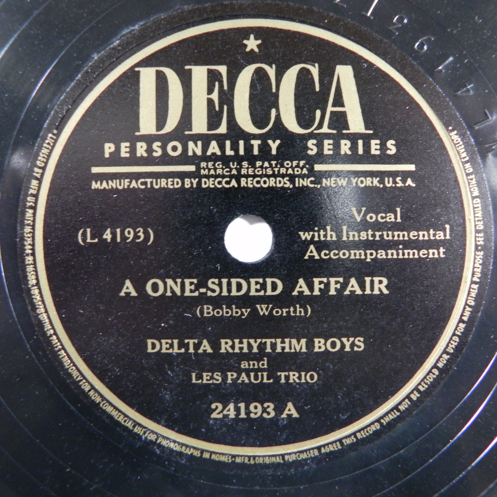 Delta Rhythm Boys & Les Paul Trio – A One-Sided Affair Decca 24193 78 RPM