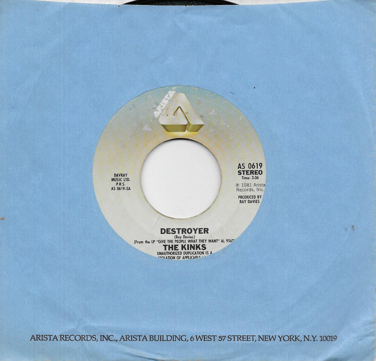 THE KINKS Destroyer / Back To Front 45 from 1981