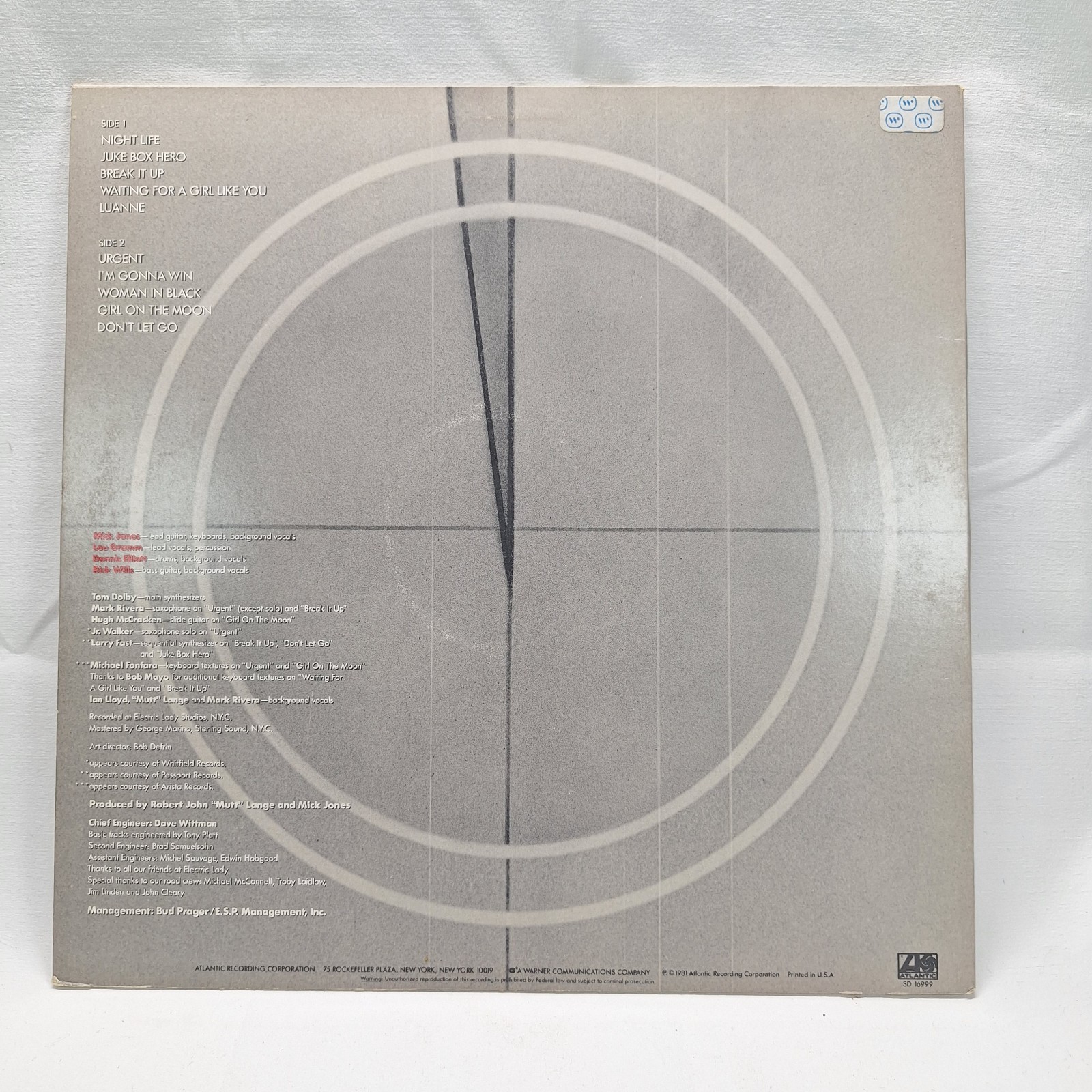 Foreigner 4 Vinyl LP Atlantic SD 16999 Urgent Waiting For A Girl Like You