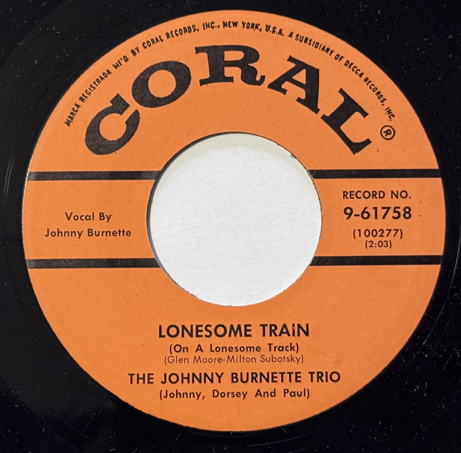 Johnny Burnette Trio “Lonesome Train” Coral Rockabilly 1956 RE M-