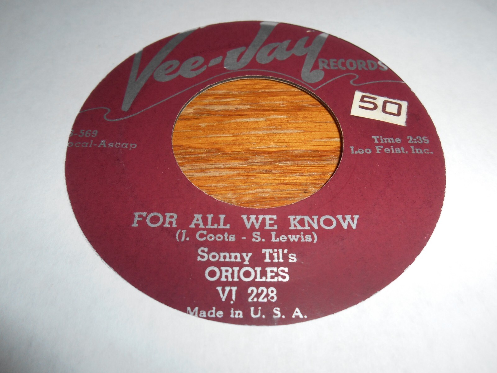 Sonny Til Orioles 45 For All We Know / Never Leave Me VEE-JAY R&B Doo Wop