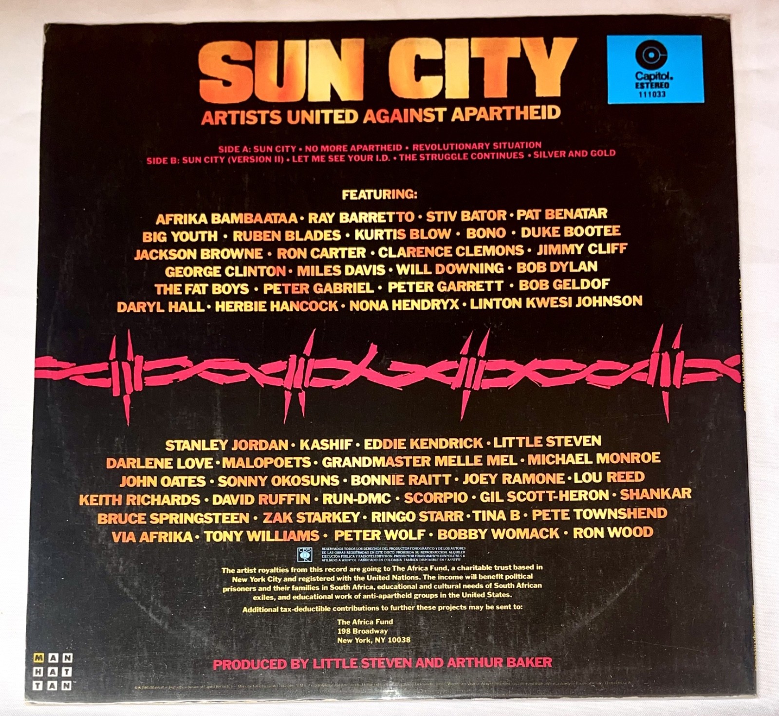 Artists United Against Apartheid ‎– Sun City – Bono, Keith Richards BLUE Vinyl