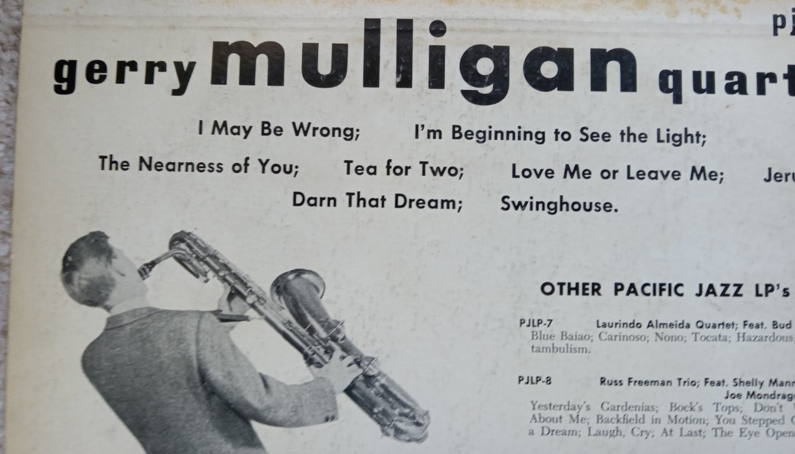 Gerry Mulligan Quartet 1953 Pacific Jazz PJLP-5 Vinyl 10” 1ST PRESS ORIGINAL EX