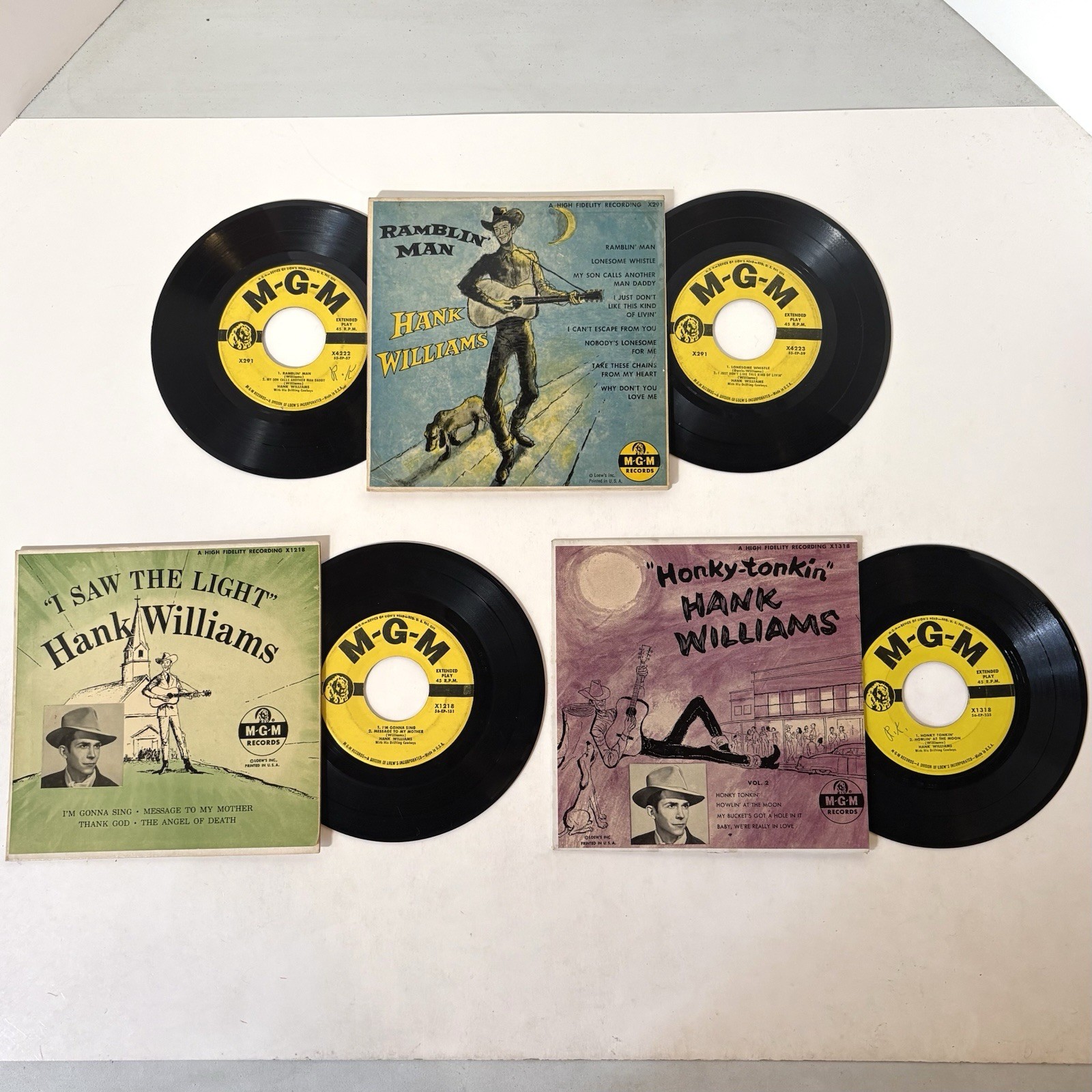 Hank Williams EP Lot Vintage 45 7” Vinyl Records MGM Ramblin Man Honky Tonkin