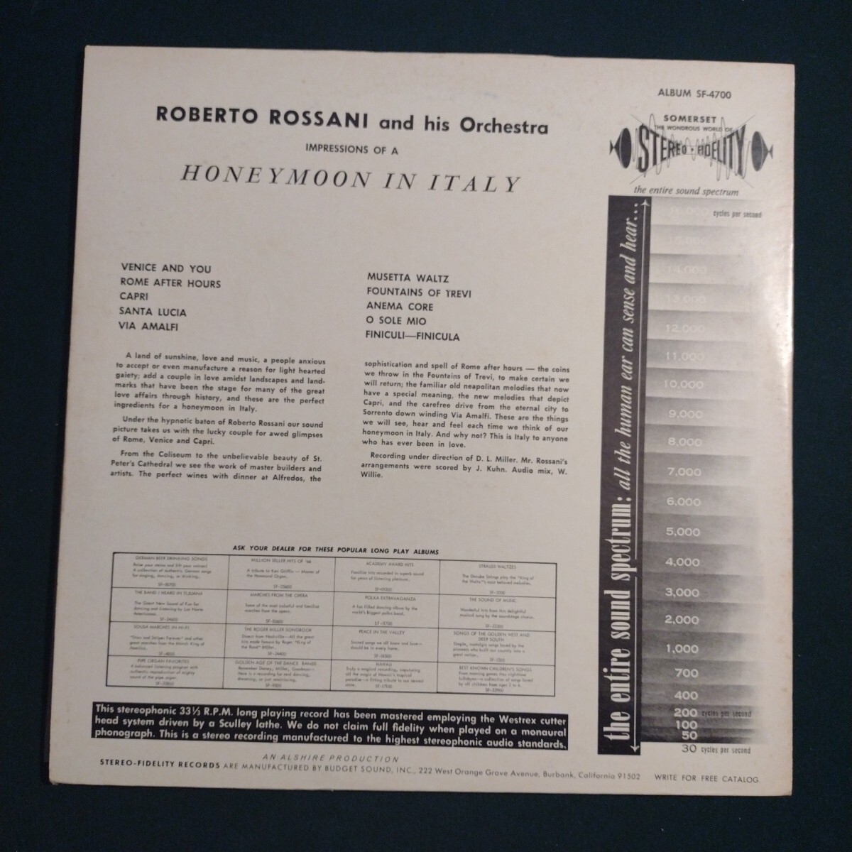 Roberto Rossani And His Orchestra ‎– Honeymoon In Italy (Vinyl LP 1959) Somerset
