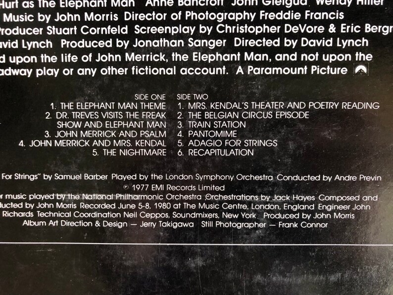 The Elephant Man Original Soundtrack LP 1980 Vinyl Record Album Dark Carnival