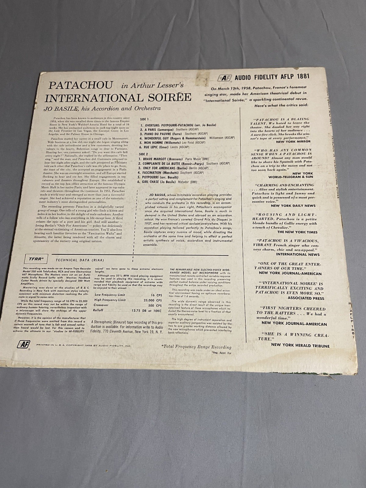 Patachou France’s Singing Star 1958 Album LP International Soiree