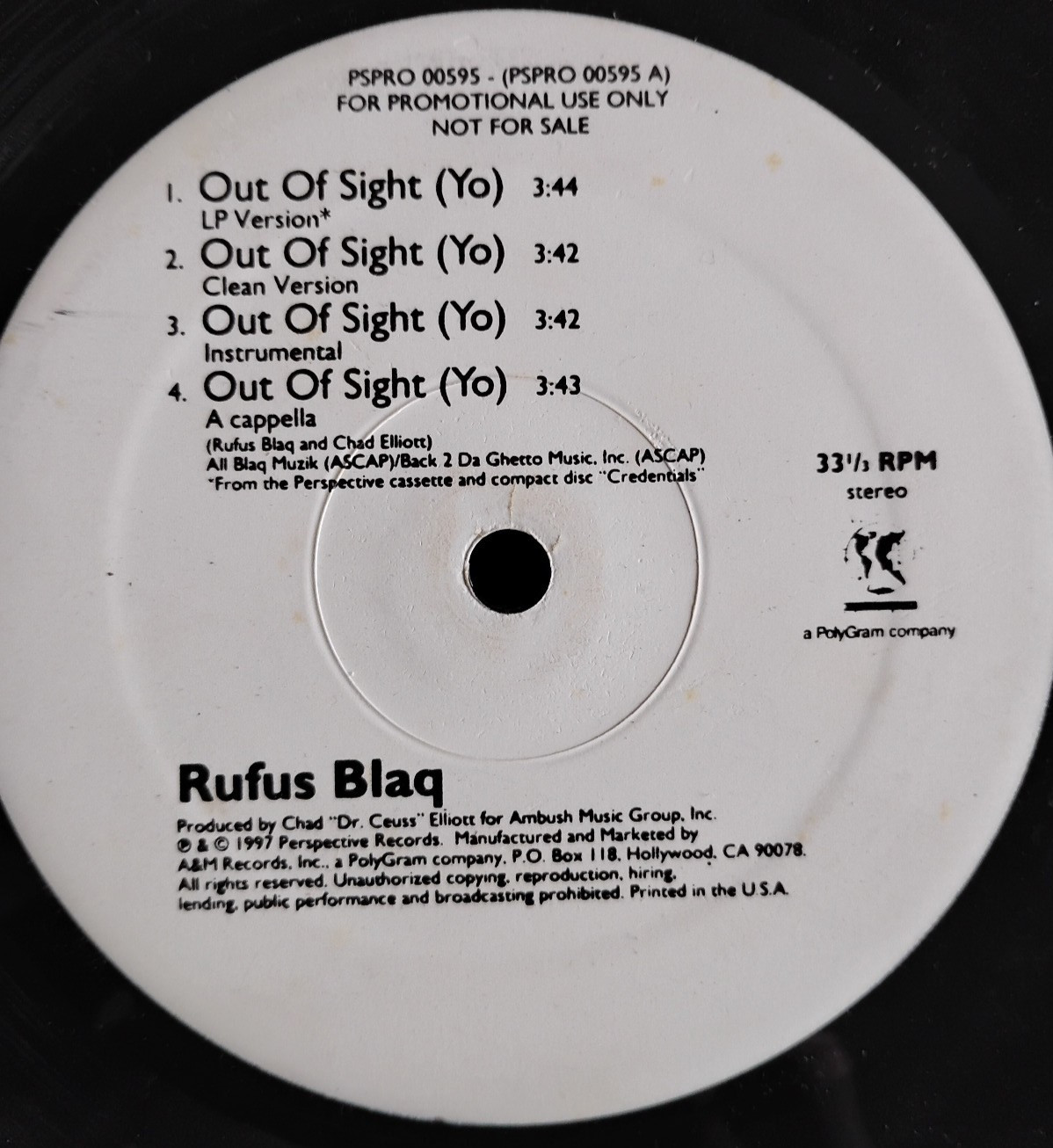 [RAP]~VG 12″~RUFUS BLAQ~Out Of Sight (Yo)~[x4 Mixes]~Artifacts Of Life-1997
