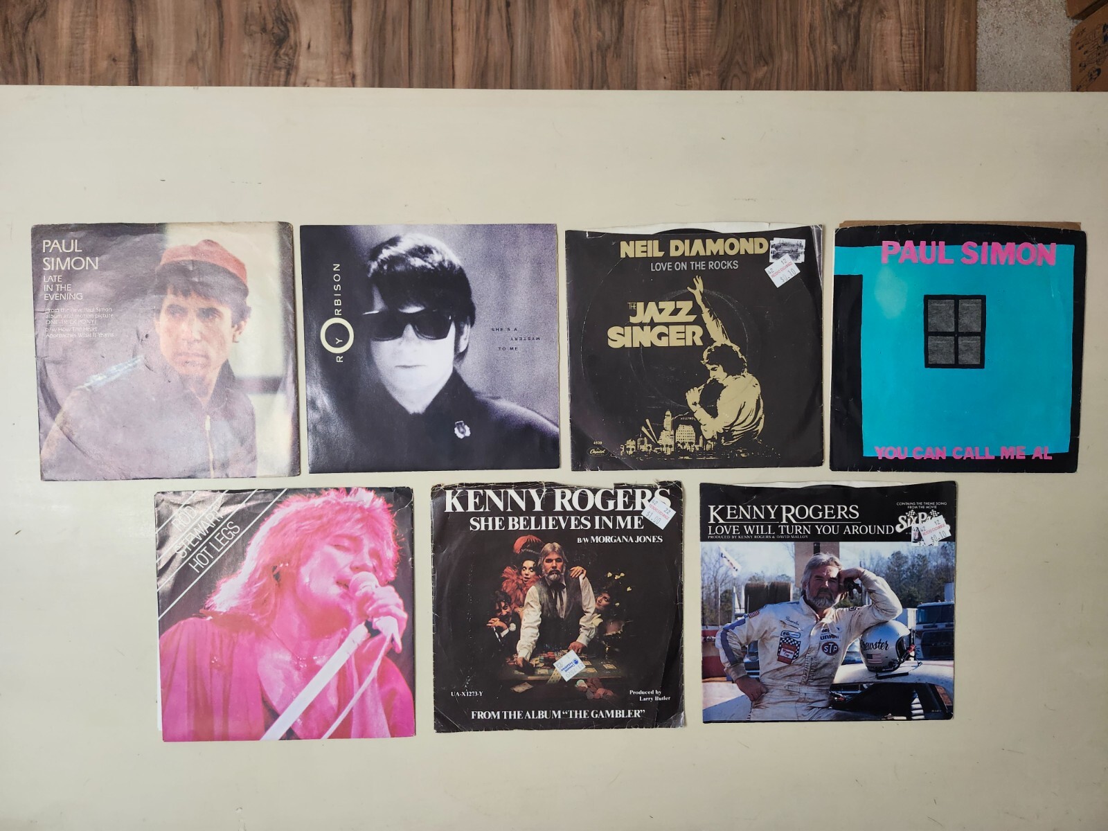 7 Vintage Soft Rock 7″ Vinyl 45 Picture Sleeve Paul Simon Rod Stewart Diamond VG