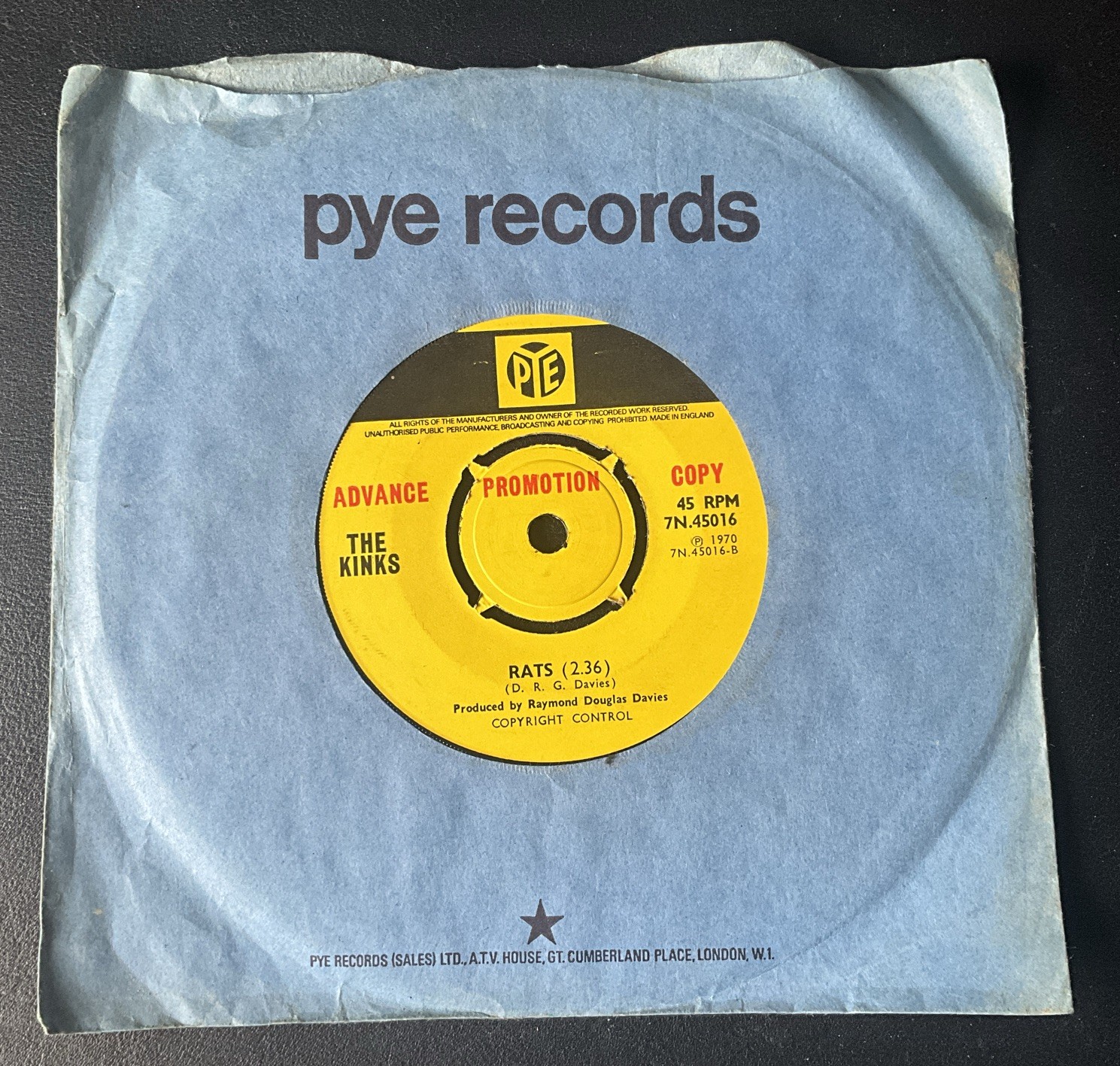The Kinks ‘Apeman’ 7” PROMO single Pye Records UK 7N. 45016 1970 Rare