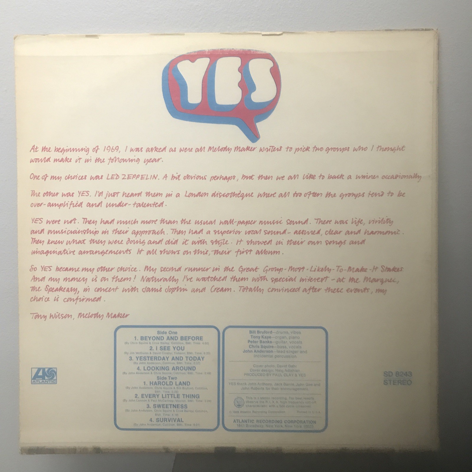 YES Self titled 1969 ATLANTIC SD8243 RI – 12″ LP VINYL w/Insert