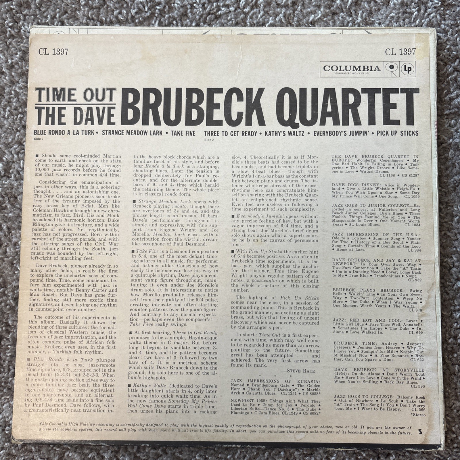 The Dave Brubeck Quartet/Time Out Colombia Records 1959 Mono OG No CBS VG