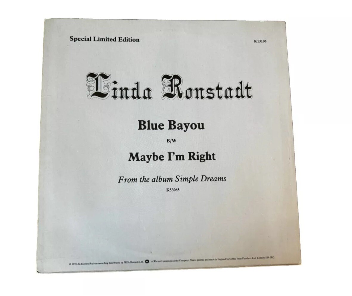 Linda Ronstadt Blue Bayou 12” Blue Vinyl Single Ltd Ed UK Asylum Records used