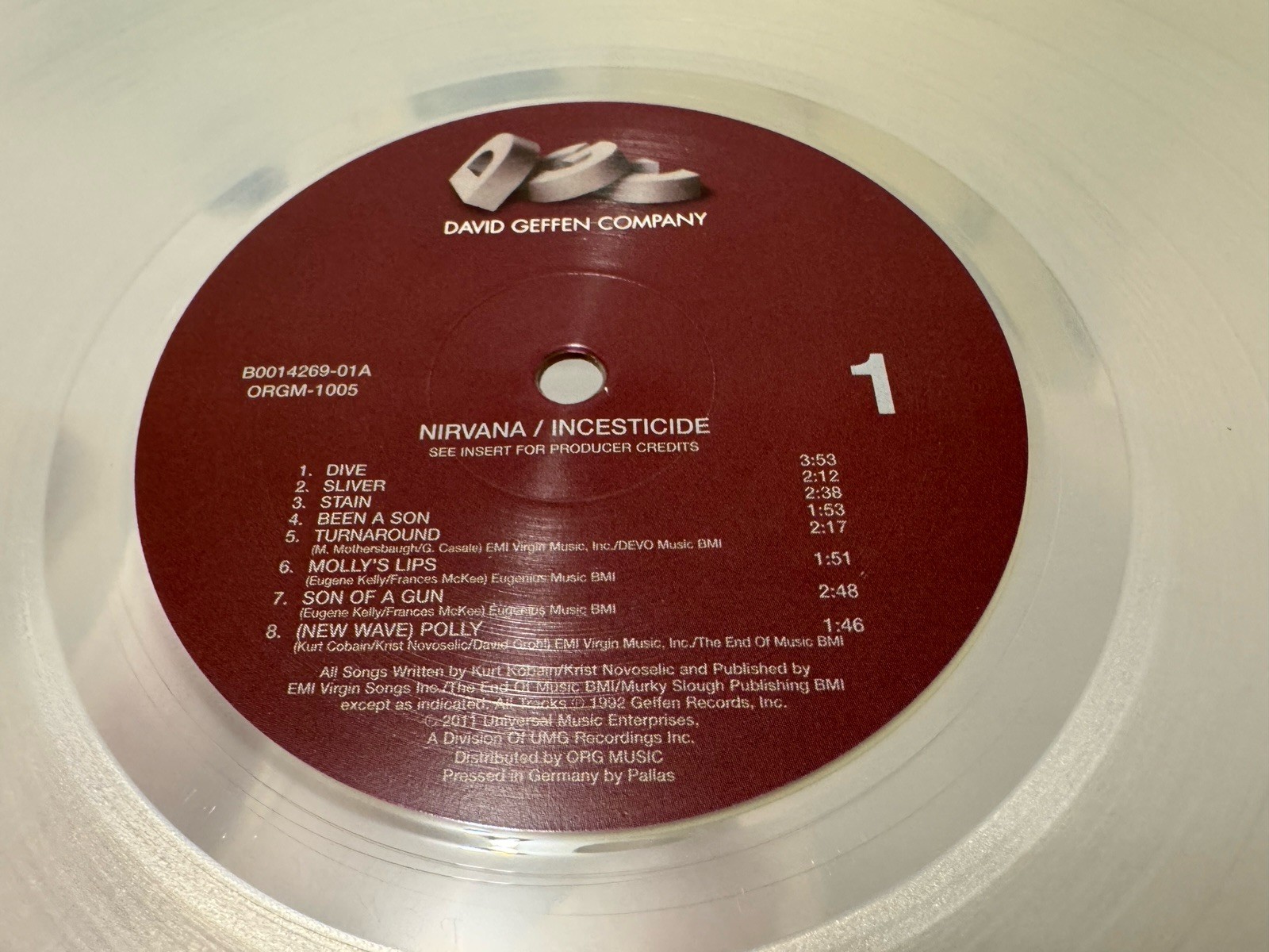 Nirvana Incesticide Clear Vinyl LP 2011 ORG Music Pallas Press ORGM-1005 VG+