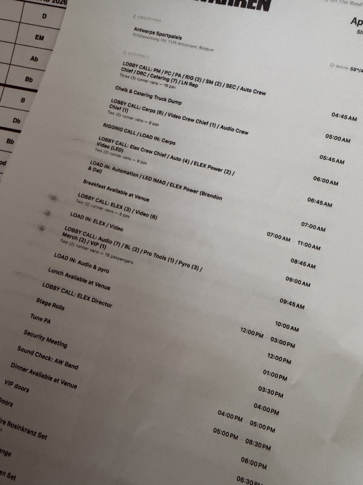 Alex Warren setlist timesheet crewsheet passsheet backstage access vest