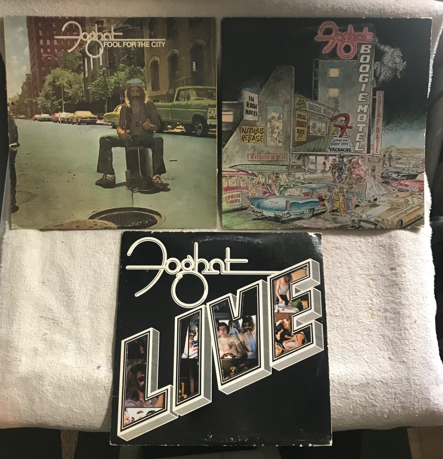 Foghat record albums, Fool For The City, Foghat Live, Boogie Motel.Free shipping