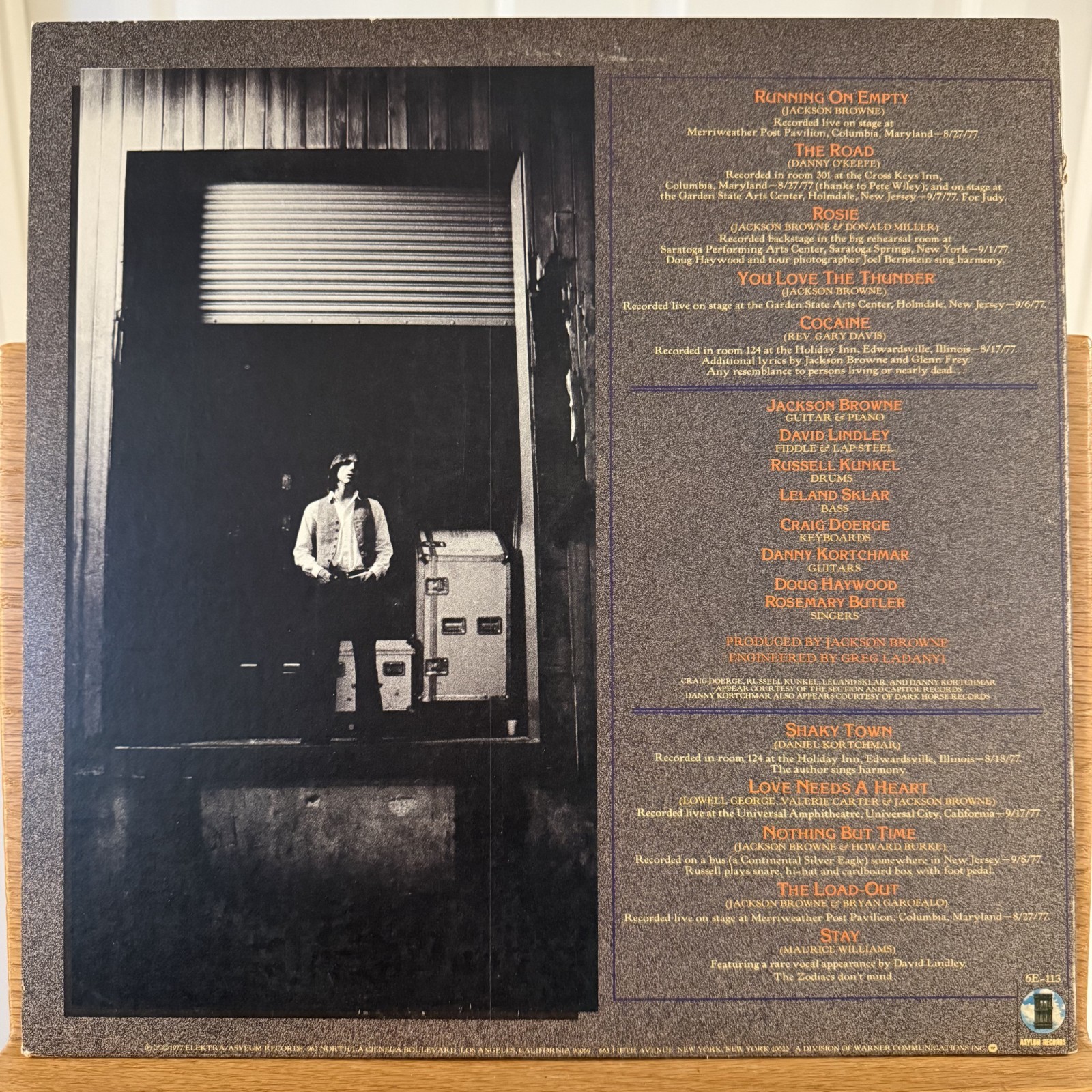 Jackson Browne Running on Empty Vinyl LP Asylum 6E-113 VG+ 1st Pressing Load Out
