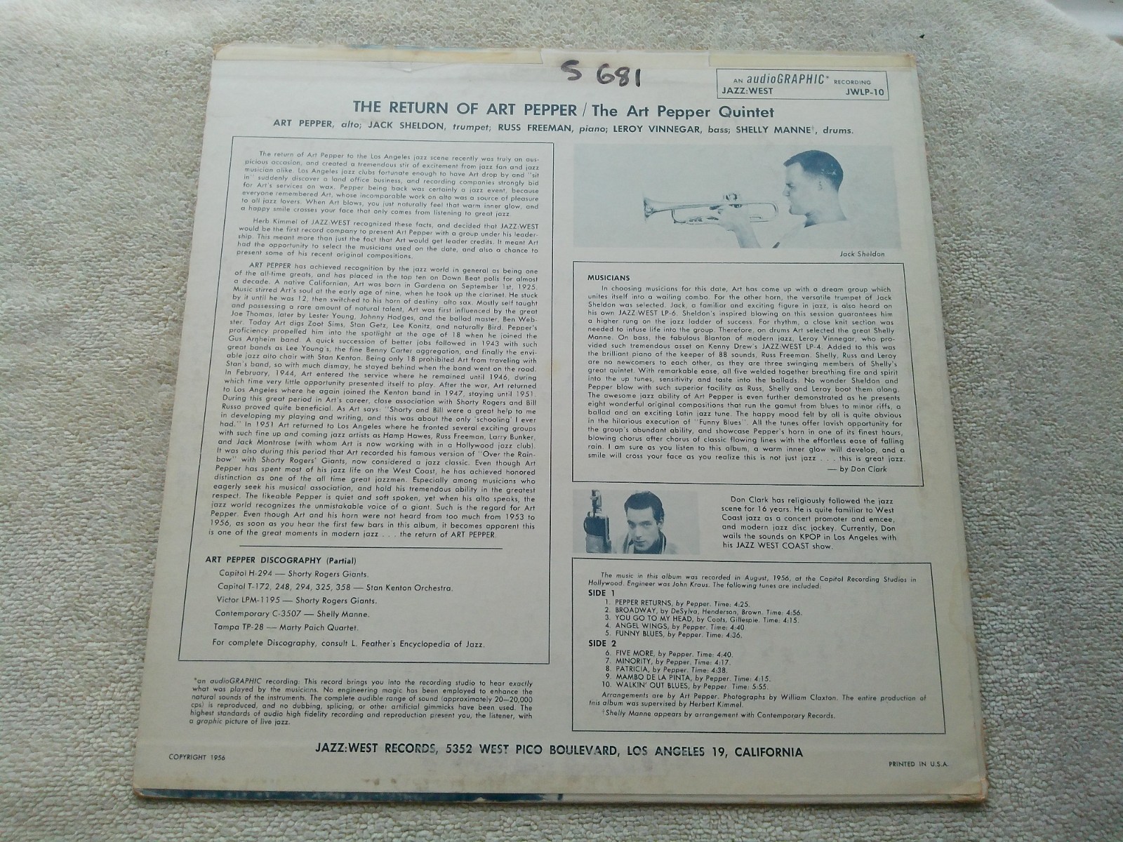 THE RETURN OF ART PEPPER ORIG. JAZZ WEST 10 LONG PLAYING DG