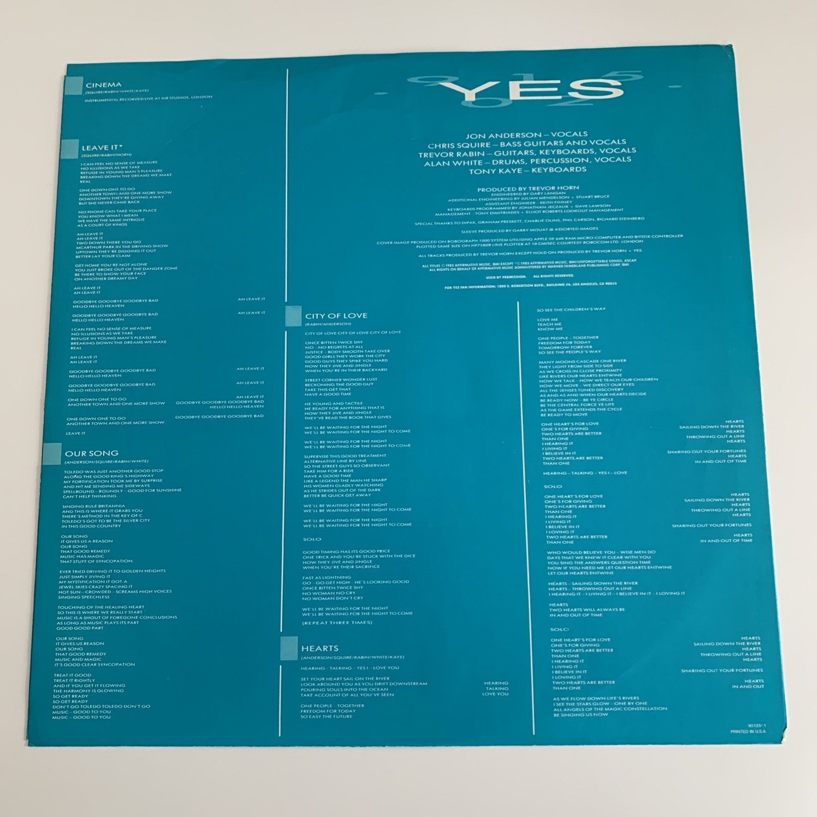 YES 90125 ~ 1983 1st Press ~ MASTERDISK RL DEADWAX ~ Play Tested- Clean