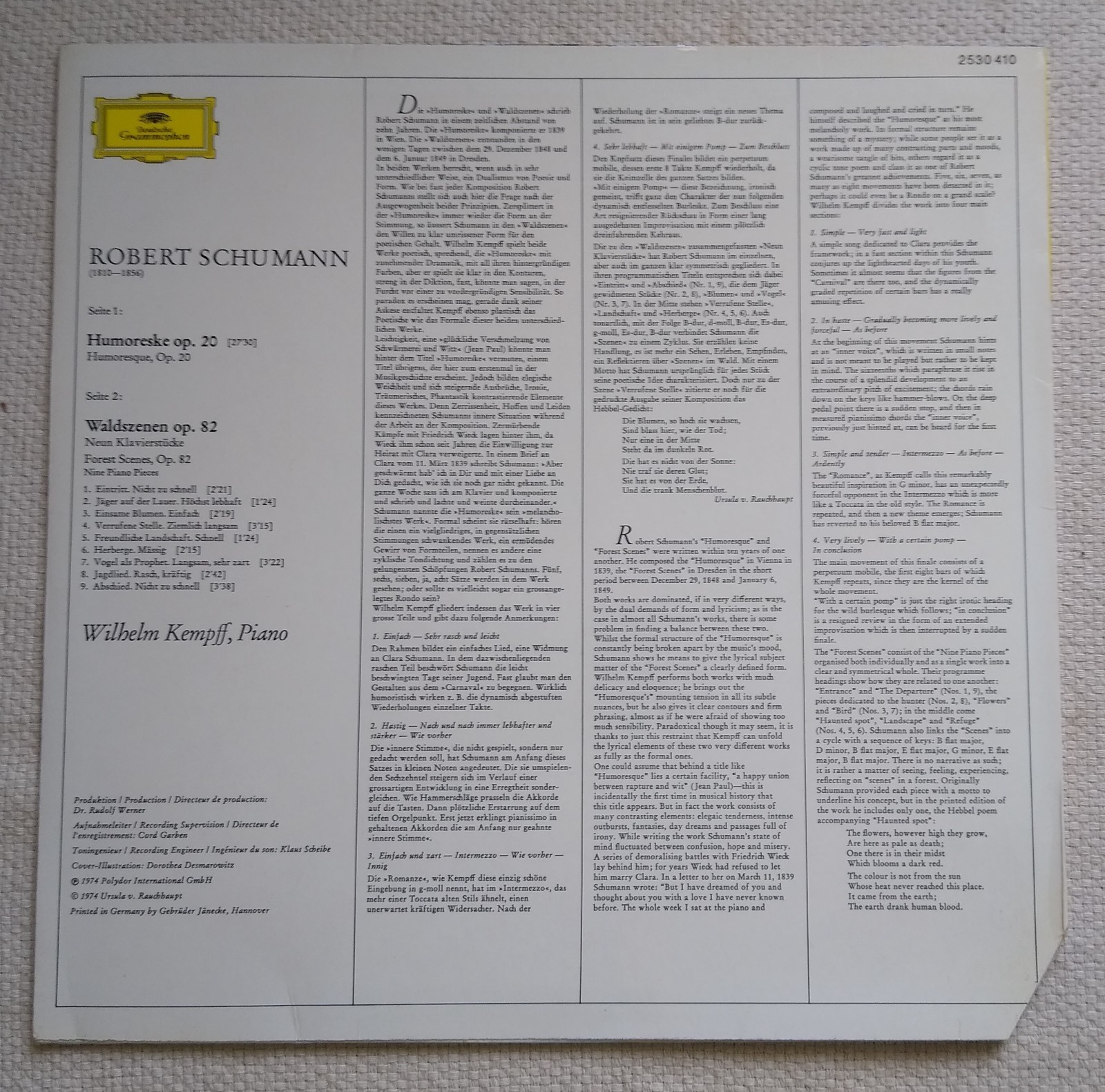 Robert Schumann Humoreske – Waldszenen Wilhelm Kempff Deutsche Grammophon 2530 4