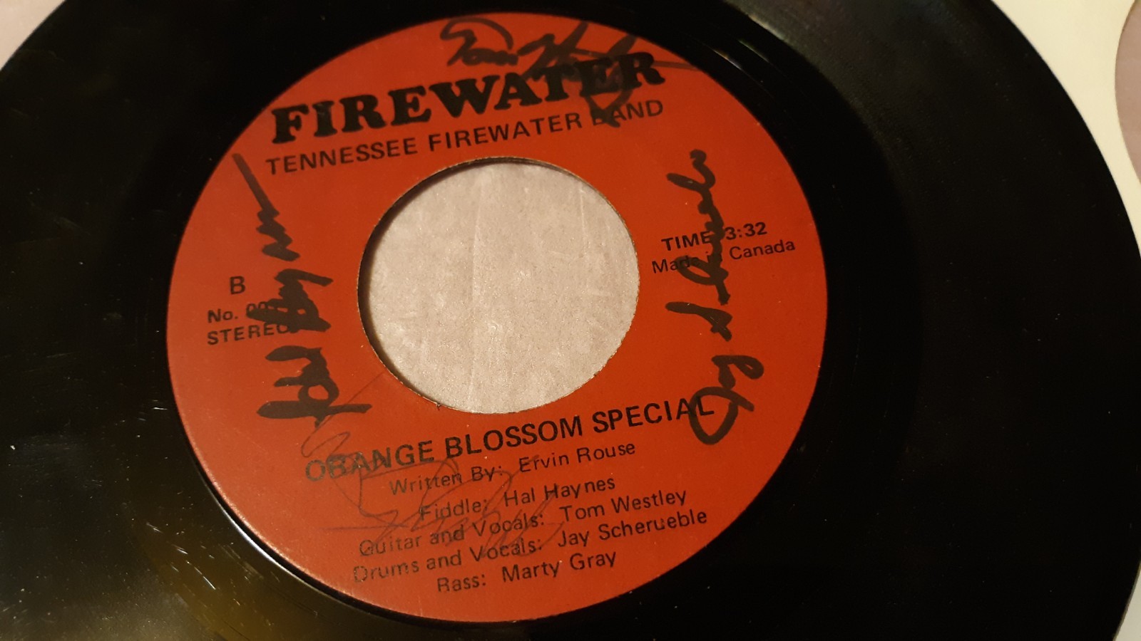 SIGNED Tennessee Firewater Band Orange Blossom Special/Crawdaddy Diddy 7″ 45rpm