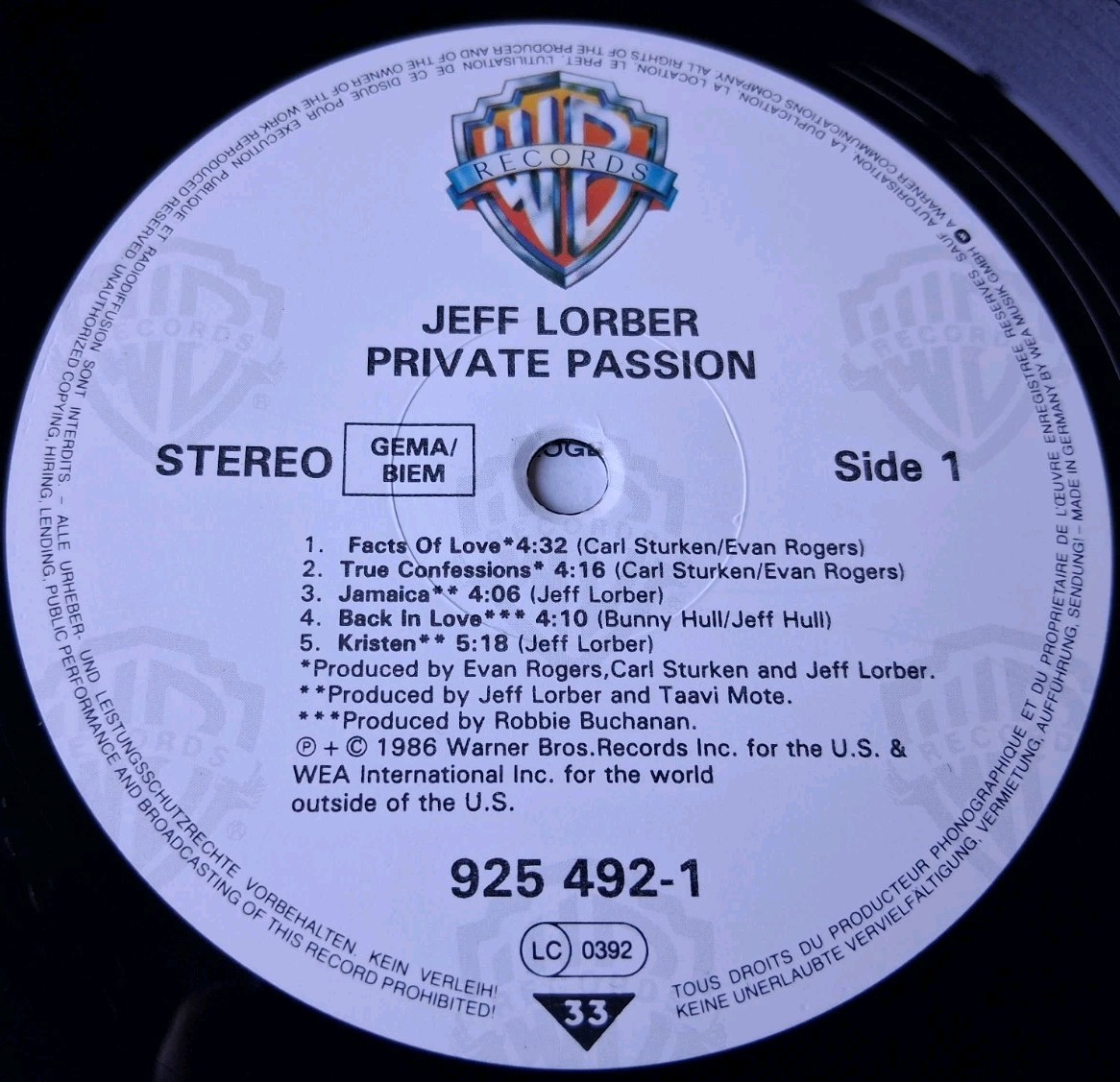 Jeff Lorber – Private Passion Vinyl LP – 1986 Warner Bros – Karyn White, Germany