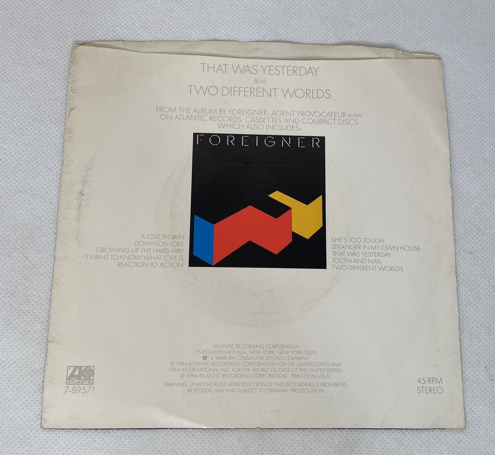 Foreigner Agent Provocateur TESTED 1984 Vinyl That Was Yesterday With Sleeve