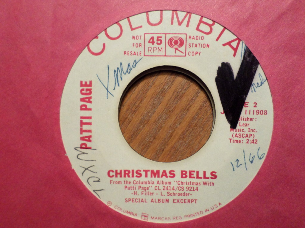 PROMO COLUMBIA 45 RECORD/PATTI PAGE/ CHRISTMAS BELLS/HAPPY BIRTHDAY, JESUS/ EX