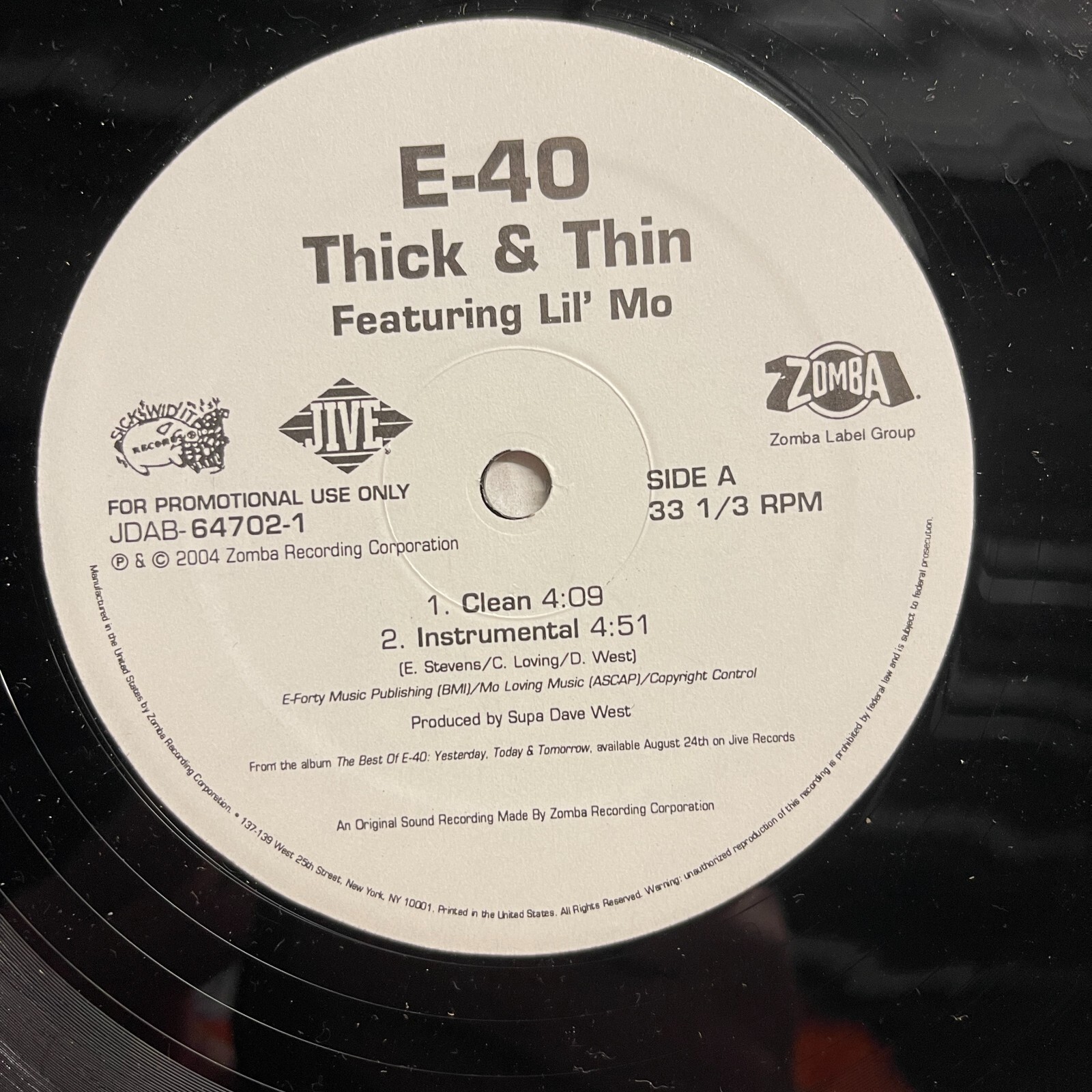 E-40 ‎– Thick & Thin 12″ Vinyl 2004 Jive ‎– JDAB-64702-1