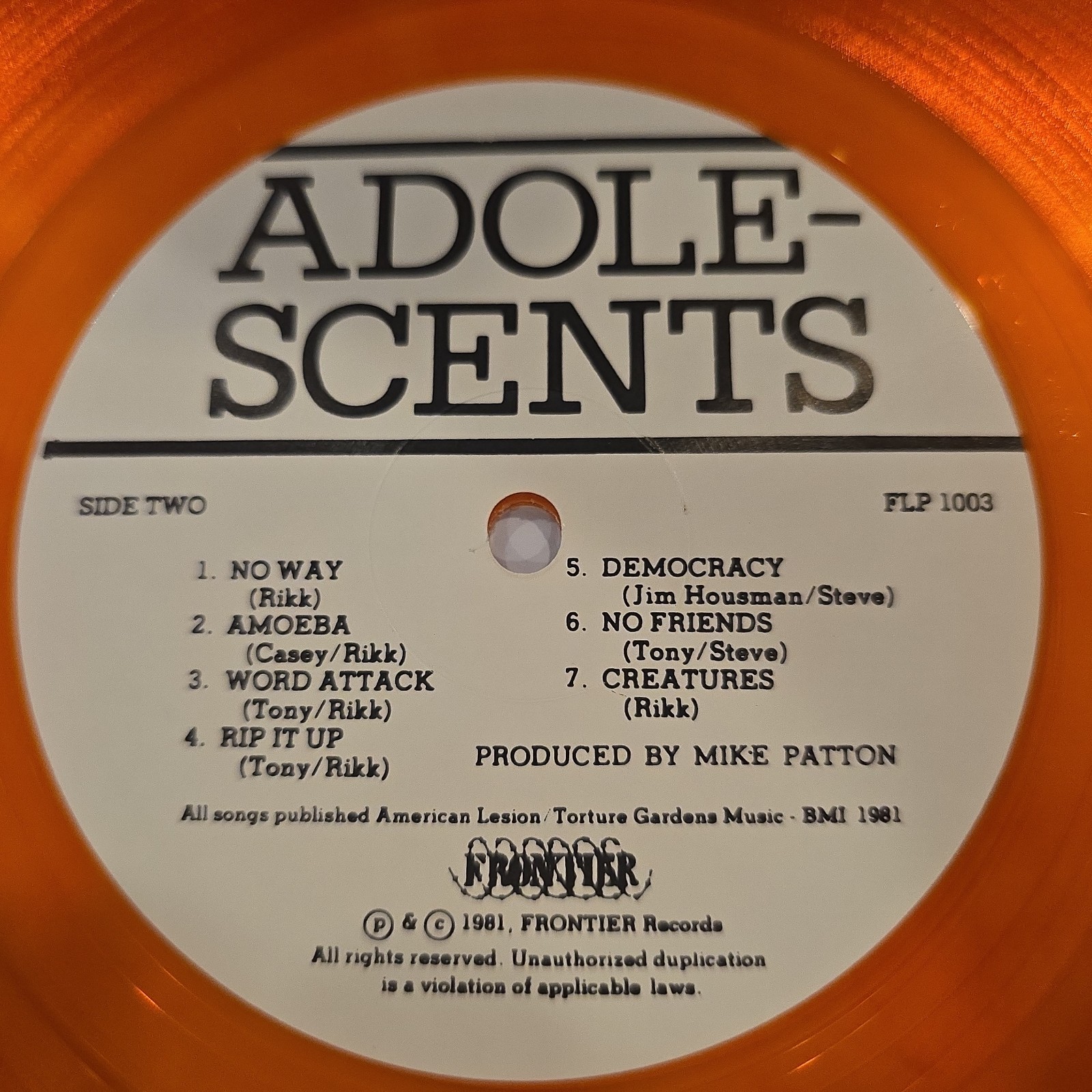 ADOLESCENTS Self Titled 2005 Repress Translucent Orange Vinyl LP NM/VG+ FLP1003