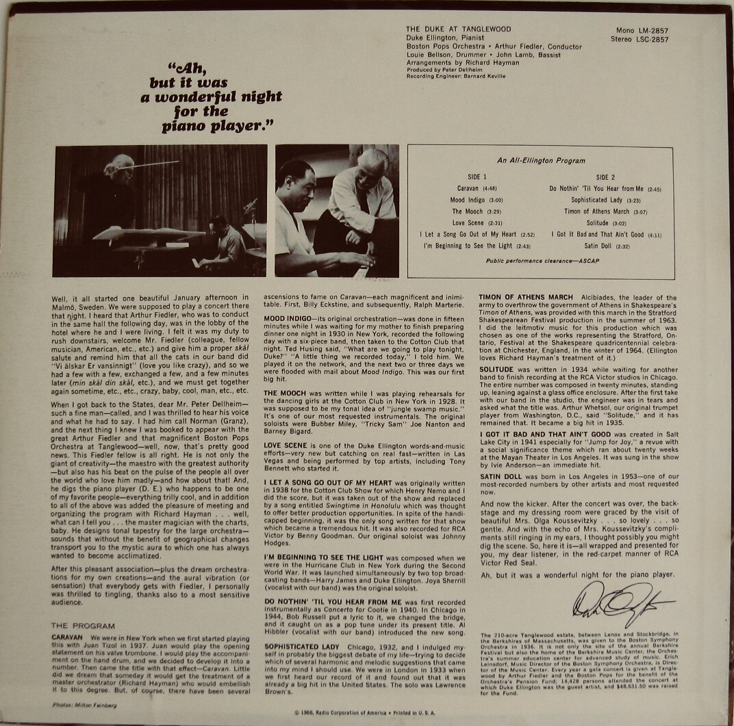 Duke Ellington: The Duke At Tanglewood LP RCA Red Seal #LM-2857 MONO ’66 Release