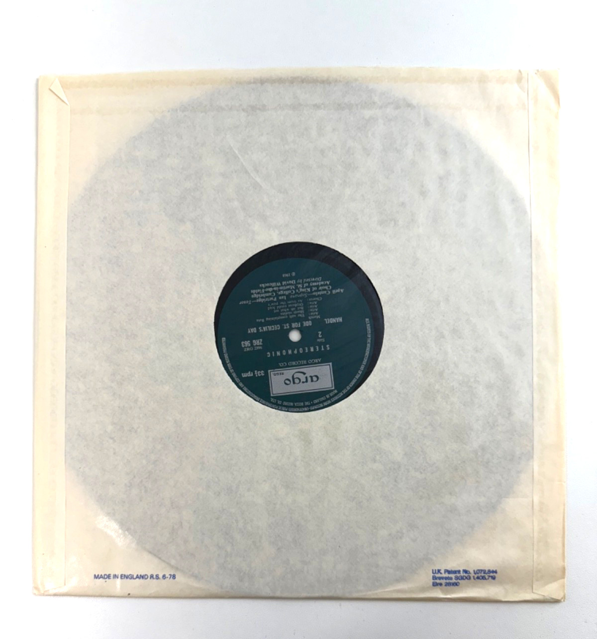 “Handel Ode for St Cecilia’s Day Vinyl LP – King’s College, Argo ZRG 563