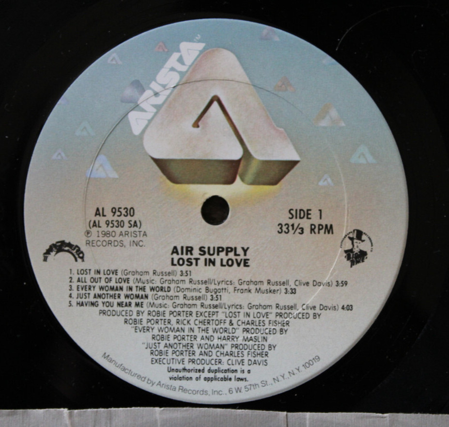 Air Supply Lost In Love LP 1980 Arista Records AL 9530 Soft Rock..