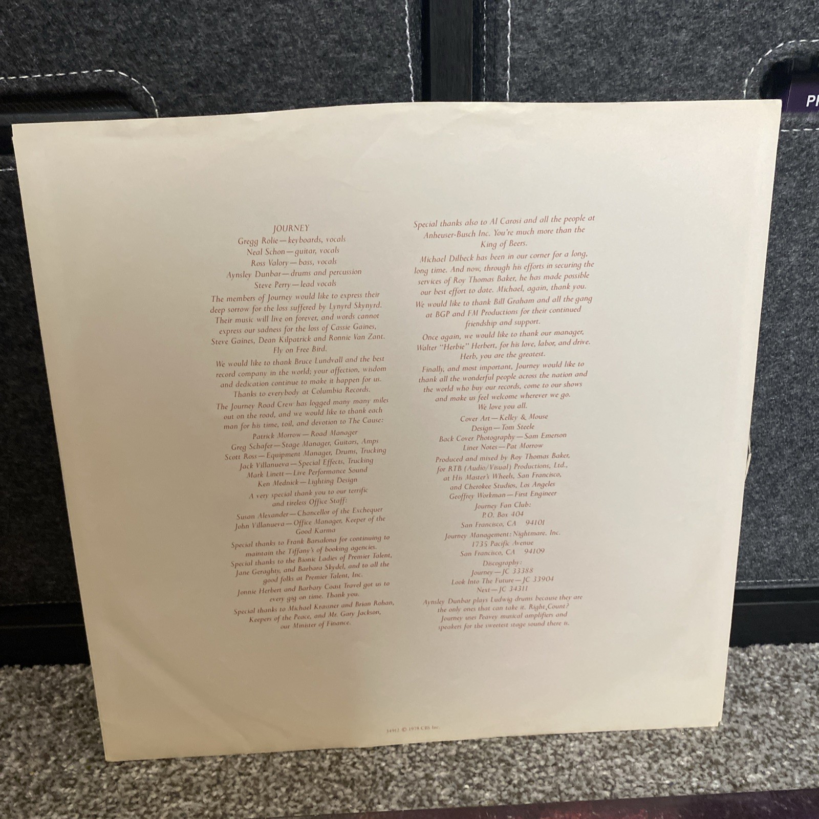 Journey Infinity Vinyl LP Record JC 34912 Original Lyric Inner Sleeve 1978 Rock