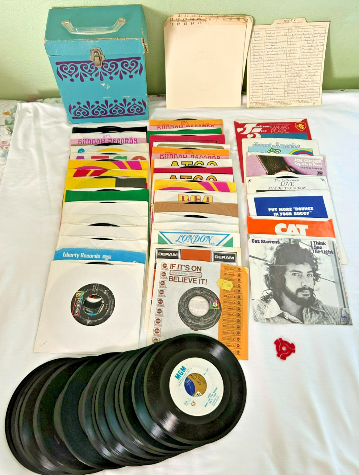 VTG 55 45 RPM Vinyl Records Mostly 1970’s+ Storage Case + Index Sheets + Adapter