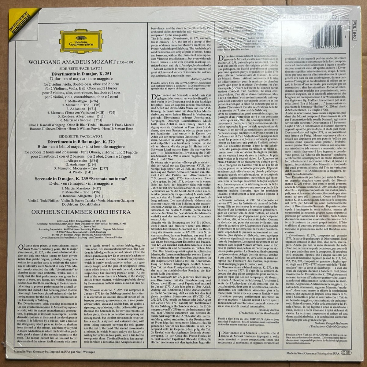 Wolfgang Amadeus Mozart Serenata Notturna K.239 Divertimenti K.251 & K.270 LP