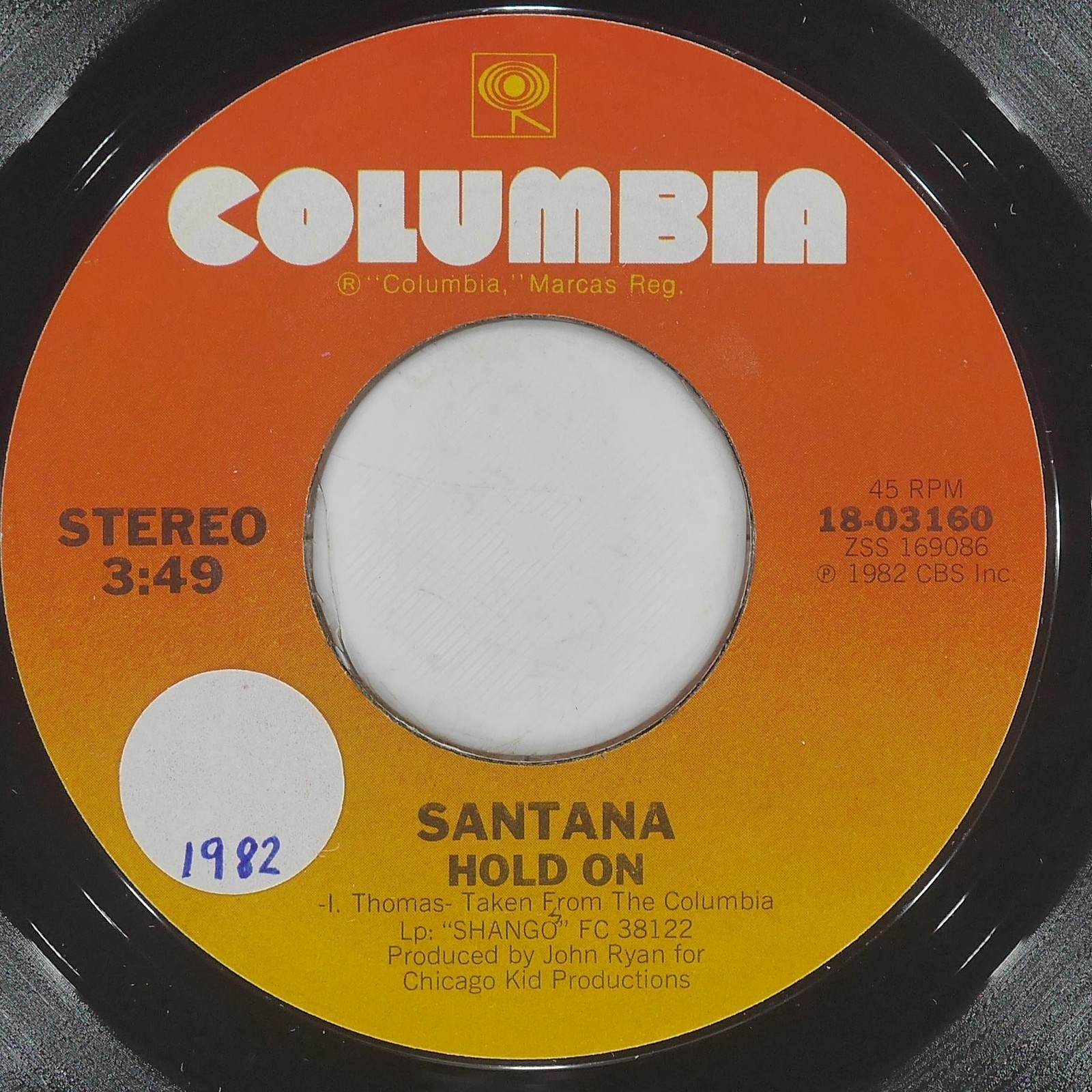 SANTANA Hold On COLUMBIA 18-03160 VG+ 45 RPM 1982 Pop Rock 7″ Latin Jukebox