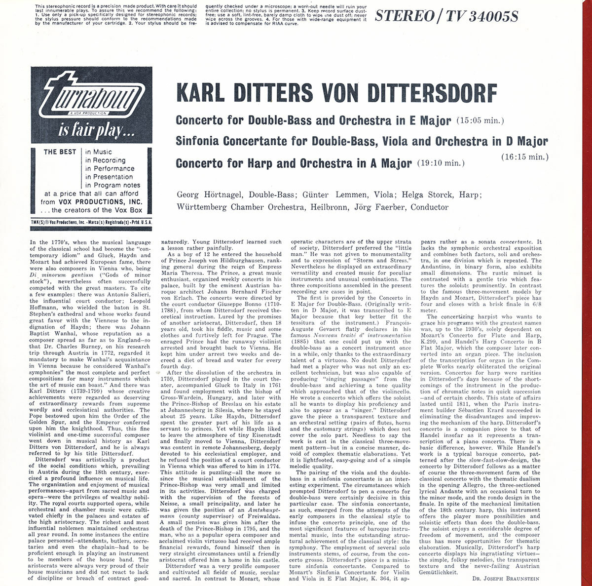 DITTERSDORF Double-Bass Concerto, Sinfonia Concertante, Harp Concerto TURNABOUT