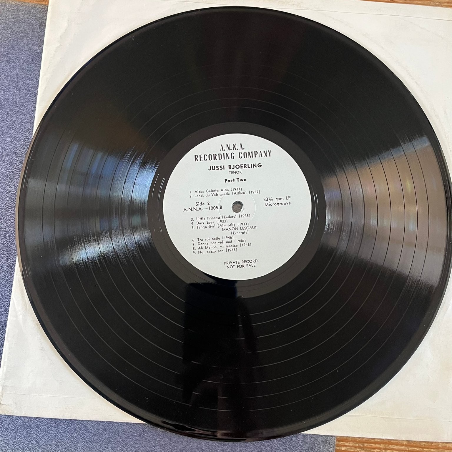 Jussi Bjoerling – Private Record LP A.N.N.A. Recording Opera Tenor 33 RPM